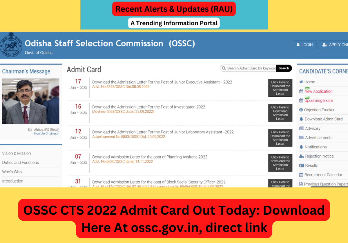OSSC CTS 2022 Admit Card Out Today: Download Here At ossc.gov.in, direct link