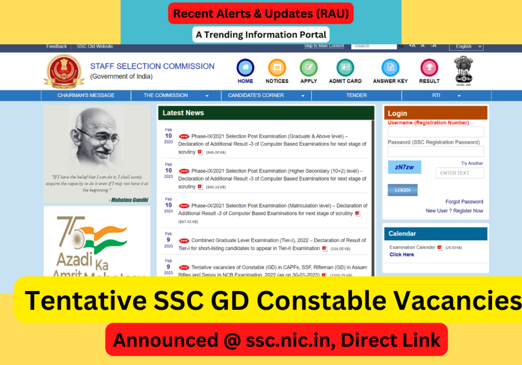Tentative SSC GD Constable Vacancies Announced @ ssc.nic.in, Direct Link